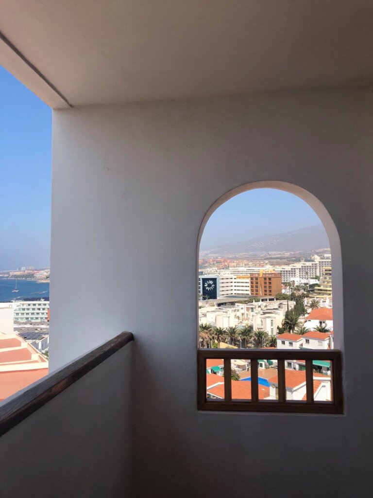 View out of balcony window (long semicircle shape) of Tenerife 