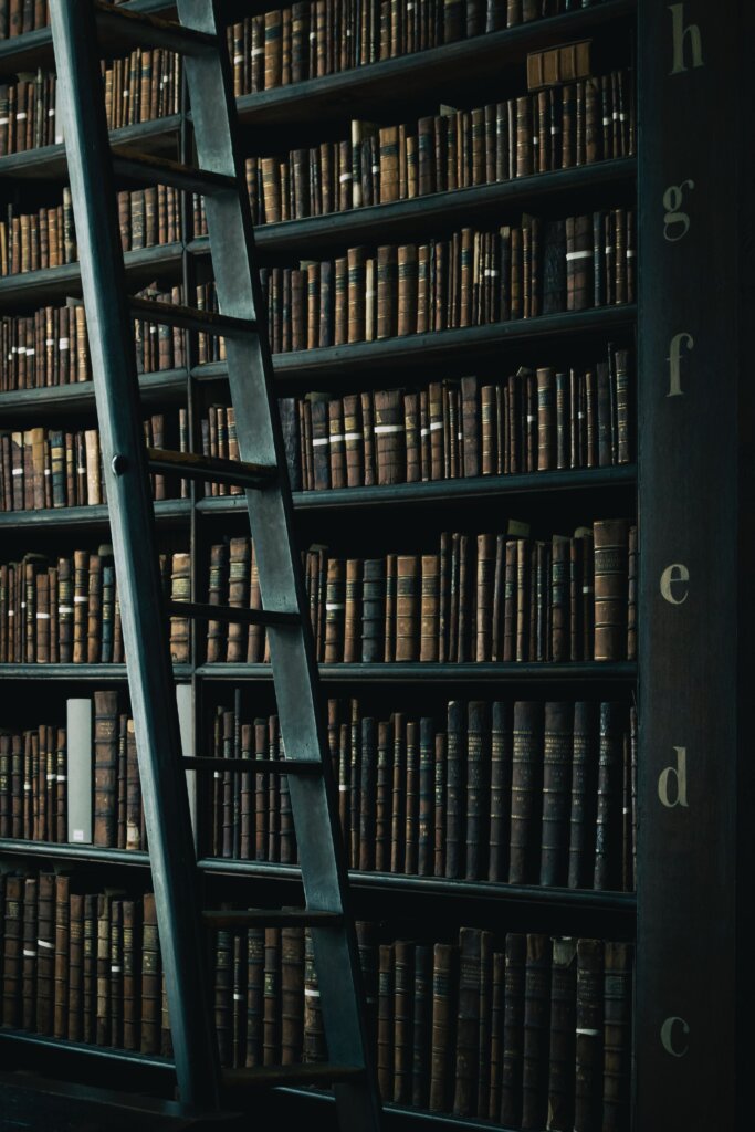 Old fashioned books in a library behind a ladder