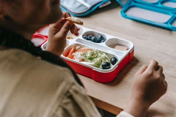Person eating lunch out of a red lunchbox. Blueberries, olives and crackers in different compartments.