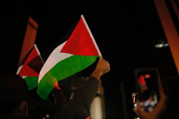 flag of Palestine being waved in a crowd.