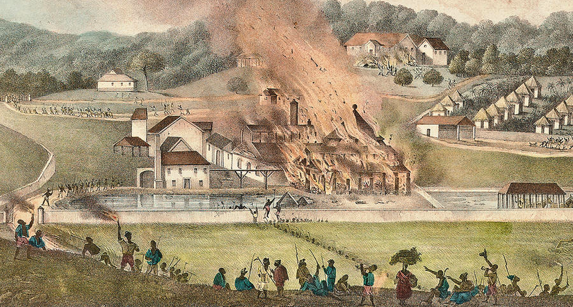 The Destruction of Roehampton Estate in the parish of St. James's in January 1832 by Adolphe Duperly. part of britains colonial crimes response